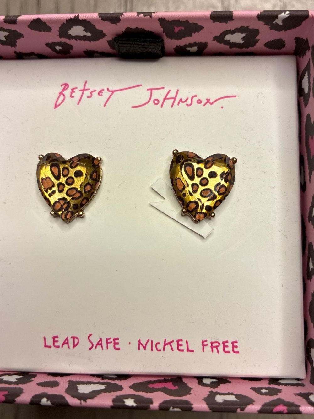 Betsey Johnson Leopard Heart Stud Earrings in Gold and Brown